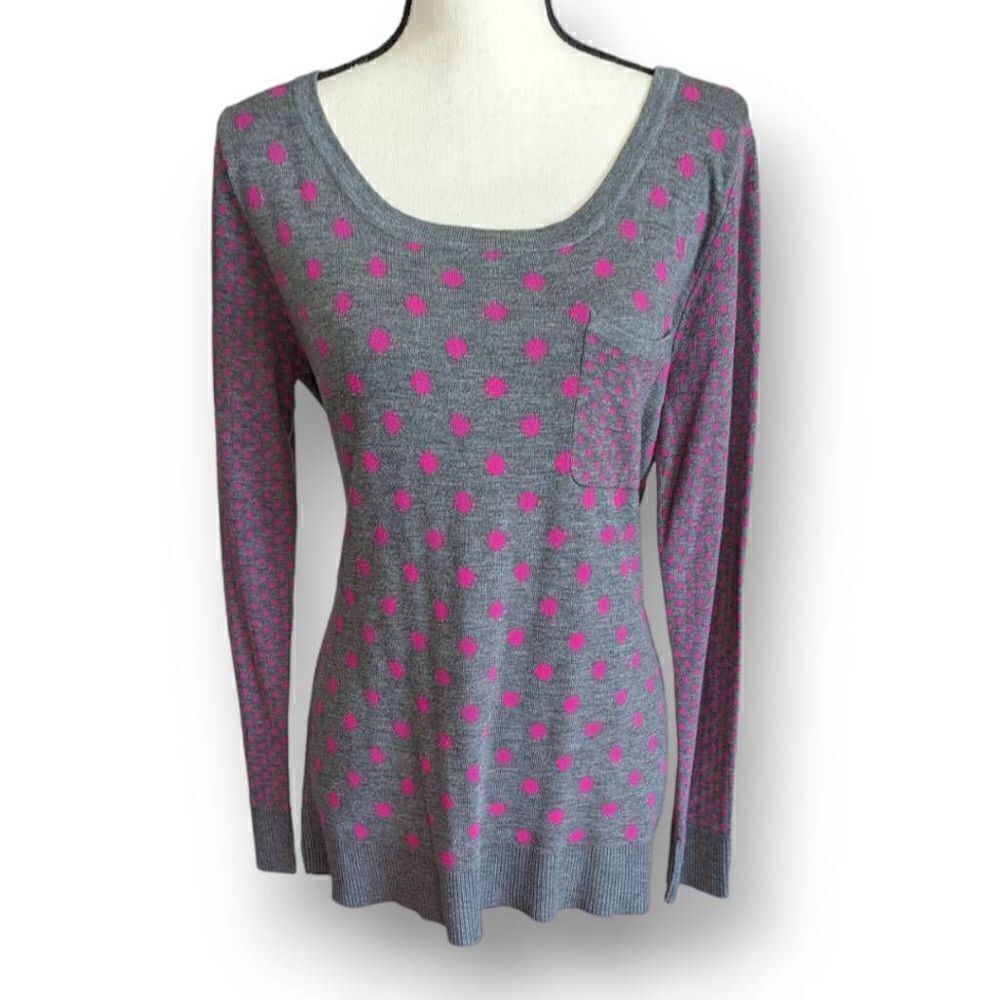 New Directions Womens Sweater Long Sleeve Soft Polka Gray Pink Large